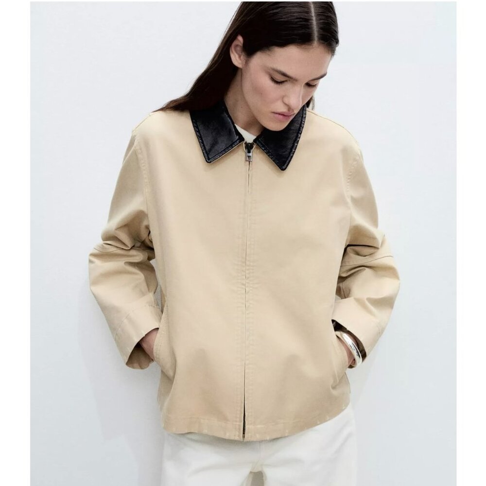 MANGO Cotton Barn Jacket w/ Leather Collar, Medium